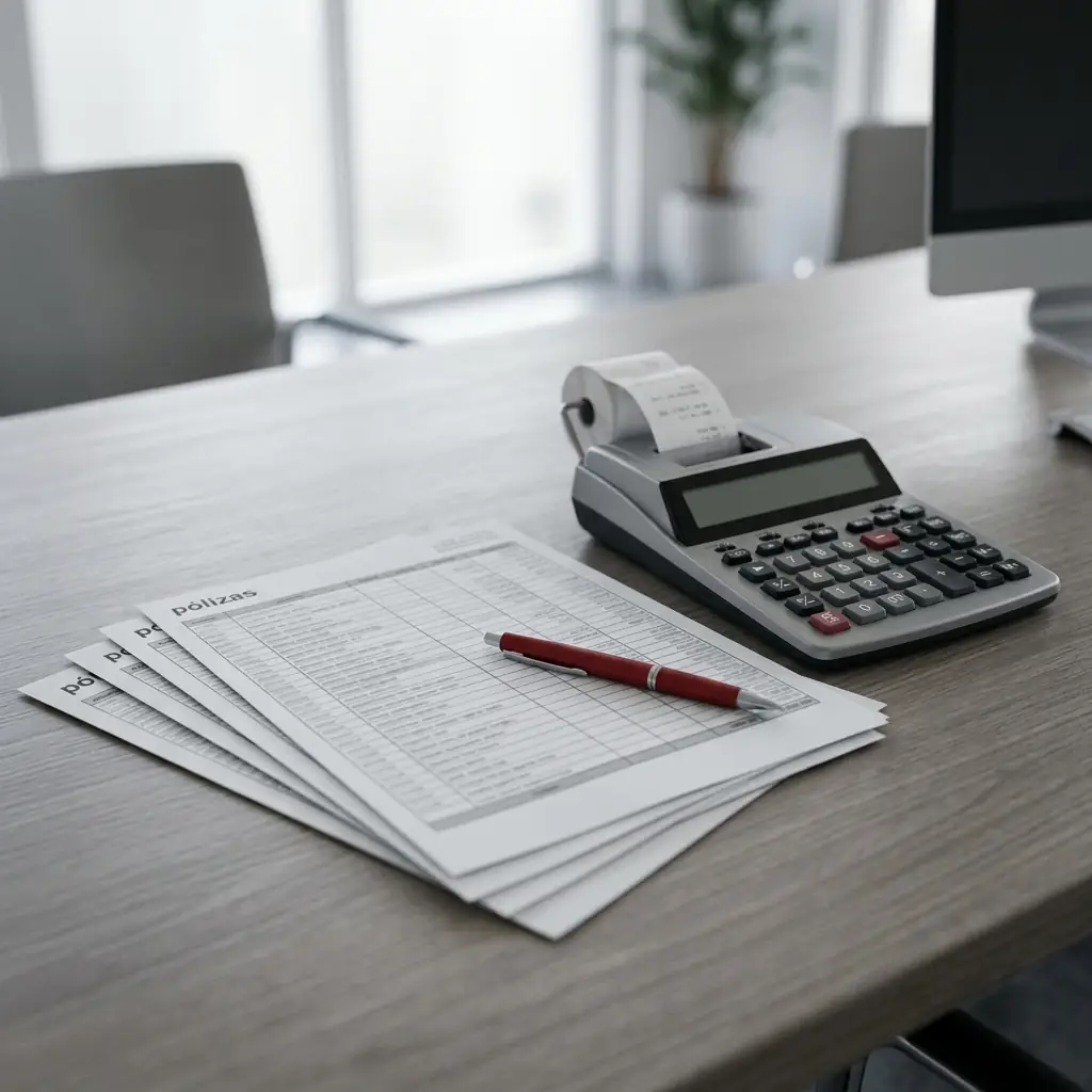 Escritorio con pólizas, calculadora y documentos de trabajo
